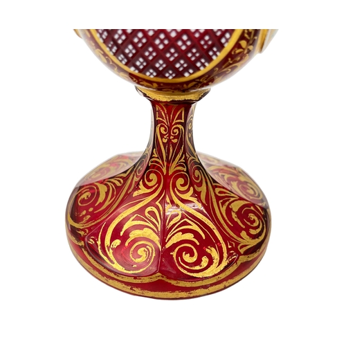 5 - FLORAL RADIANCE – HAND-PAINTED BOHEMIAN RUBY GLASS VASE AND GOBLETS, 19TH CENTURYLate 19th-century r... 