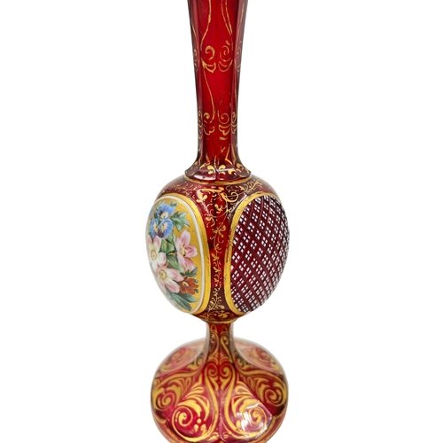 5 - FLORAL RADIANCE – HAND-PAINTED BOHEMIAN RUBY GLASS VASE AND GOBLETS, 19TH CENTURYLate 19th-century r... 