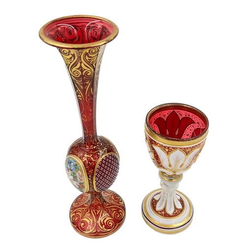 5 - FLORAL RADIANCE – HAND-PAINTED BOHEMIAN RUBY GLASS VASE AND GOBLETS, 19TH CENTURYLate 19th-century r... 