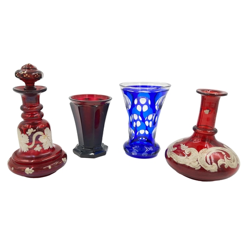 6 - VARIETY IN BLUE AND RED – BOHEMIAN GLASS CUPS AND CONTAINERSA collection featuring blue and red Bohe... 