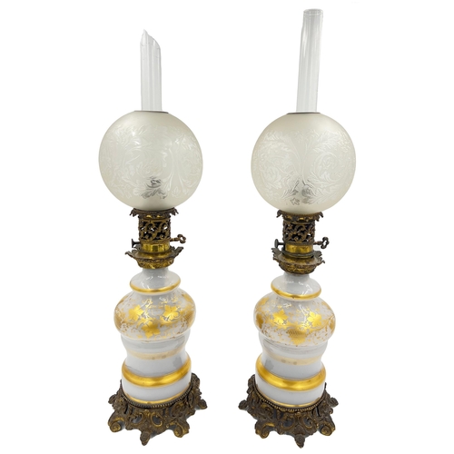 65 - PAIR OF FRENCH GLASS OPALINE OIL LAMPSPair Of French Opaline Oil Lamps, height 73cm. 