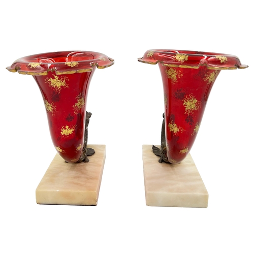 68 - PAIR OF RARE BOHEMIAN RUBY GLASS CORNUCOPIA VASESA pair of distinctive Bohemian glass vases in a rar... 