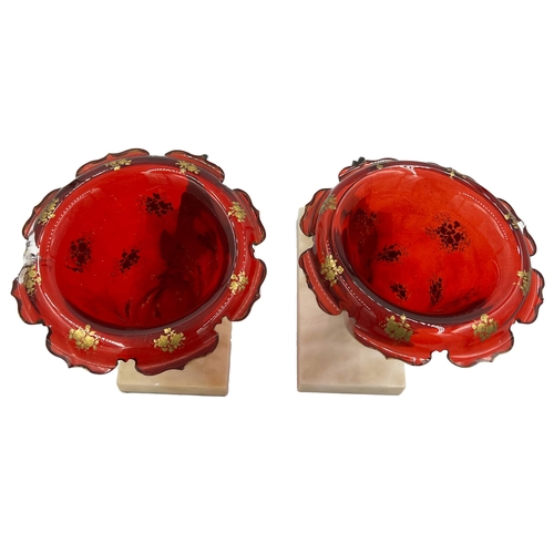 68 - PAIR OF RARE BOHEMIAN RUBY GLASS CORNUCOPIA VASESA pair of distinctive Bohemian glass vases in a rar... 