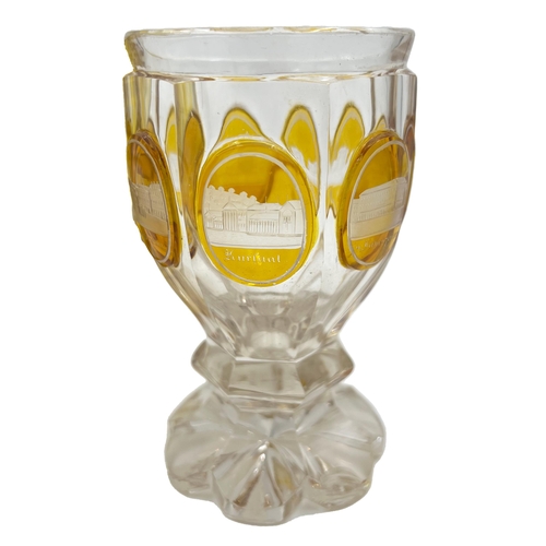 7 - CLASSIC AMBER APPEAL – THREE 19TH CENTURY BOHEMIAN AMBER AND CLEAR GLASS GOBLETSTrio of 19th-century... 