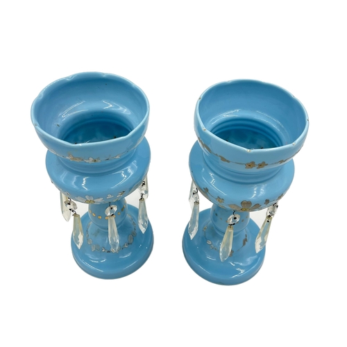 83 - PAIR OF SKY BLUE OPALINE GLASS LUSTRESTwo exquisite sky blue opaline glass lustres, standing tall at... 