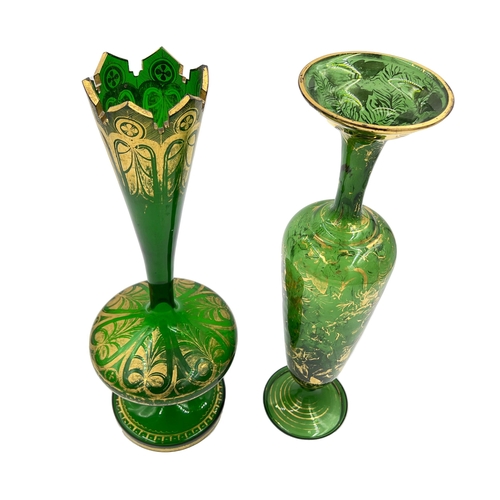 86 - TWO GREEN BOHEMIAN GLASS VASES WITH GOLD GILDINGA luxurious pair of green Bohemian glass vases adorn... 