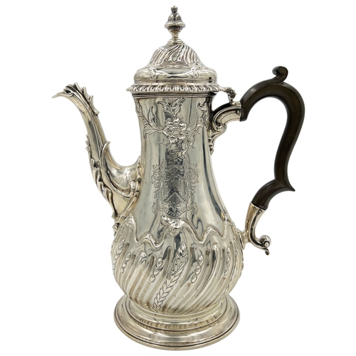 143 - A FINE QUALITY GEORGIAN SILVER COFFEE POT WITH EMBOSSED DECORATION, LONDON, JOHN PAYNE, 1759A good q... 