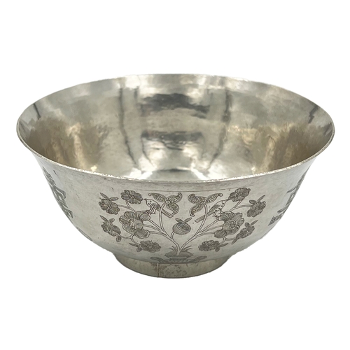 156 - A SMALL SILVER CHINESE BOWL OF TAPERING FORM WITH TYPICAL CHRYSANTHEMUM FLORAL ENGRAVINGA small silv... 