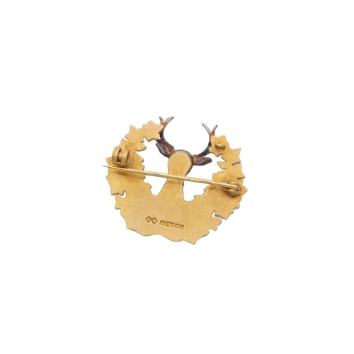 11 - 9ct Gold and Enamel Stag Head Hunting Brooch, BYDAND. 
 
  
 

  HALLMARKS: Marked for 9ct Gold 
 
 ... 