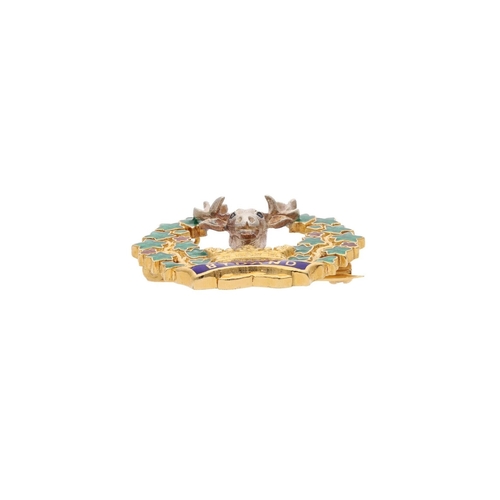 11 - 9ct Gold and Enamel Stag Head Hunting Brooch, BYDAND. 
 
  
 

  HALLMARKS: Marked for 9ct Gold 
 
 ... 