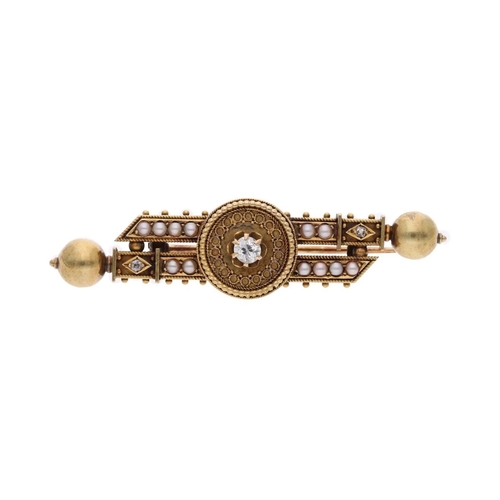 22 - Antique 15ct Gold Diamond and Pearl Brooch. 
 
  
 

  HALLMARKS: marked for 15ct Gold 
 
 
  
 

  ... 