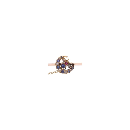 23 - 15ct gold brooch, crescent moon and bee setting, all set with blue sapphires, diamonds and a ruby. c... 