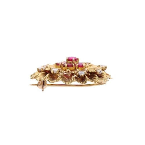 27 - DESCRIPTION: 18ct Gold Ruby and Diamond Flower Brooch. 
 
  
 

  HALLMARKS: Tested as 18ct Gold 
 
... 