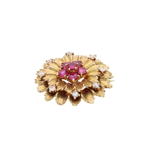 27 - DESCRIPTION: 18ct Gold Ruby and Diamond Flower Brooch. 
 
  
 

  HALLMARKS: Tested as 18ct Gold 
 
... 