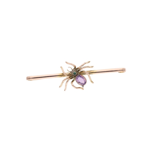 3 - Heavy 9ct Gold Emerald and Amethyst Spider Brooch. 
 
  
 

  HALLMARKS: marked for 9ct Gold 
 
 
  ... 