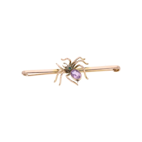 3 - Heavy 9ct Gold Emerald and Amethyst Spider Brooch. 
 
  
 

  HALLMARKS: marked for 9ct Gold 
 
 
  ... 