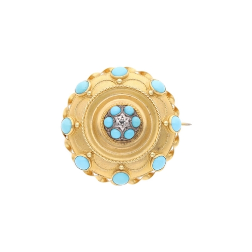 48 - Victorian 18ct Gold Turquoise and Diamond Etruscan Brooch. 
 
  
 

  HALLMARKS: marked for 18ct Gol... 