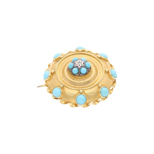 48 - Victorian 18ct Gold Turquoise and Diamond Etruscan Brooch. 
 
  
 

  HALLMARKS: marked for 18ct Gol... 