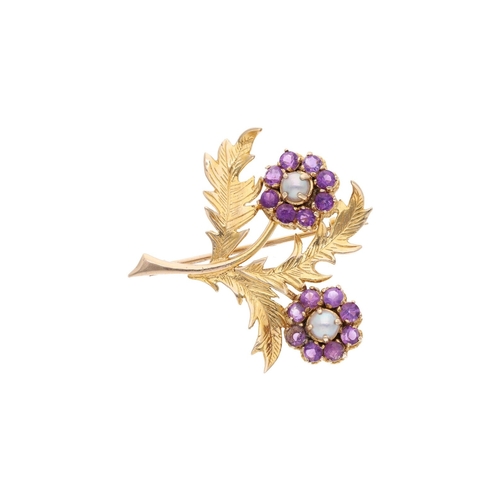 65 - 9ct Gold Amethyst and Pearl Flower Brooch 
 
  
 

  HALLMARKS: marked for 9ct Gold 
 
 
  
 

  MEA... 