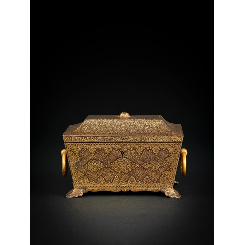 122 - A GOLD KOFTGARI STEEL CASKET, NORTH INDIA, 19TH CENTURY The casket is meticulously decorated with in... 