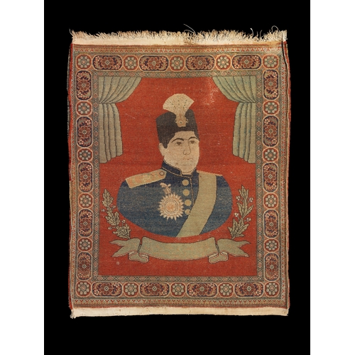 154 - PICTORIAL MOHTASHAM KASHAN RUG Wool Mohtasham Kashan rug depicts Ahmad Shah Qajar.    H: 74cm, W: 57... 