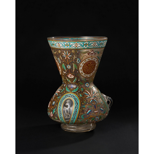 163 - AN ENAMELED GLASS MOSQUE LAMP, SIGNED J. O. IMBERBR 1881 The lamp features intricate hand-painted en... 