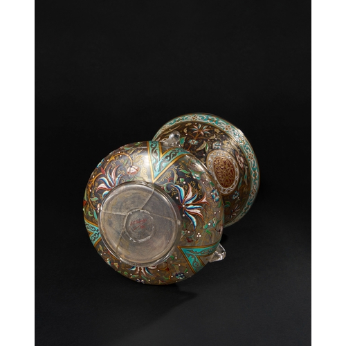 163 - AN ENAMELED GLASS MOSQUE LAMP, SIGNED J. O. IMBERBR 1881 The lamp features intricate hand-painted en... 