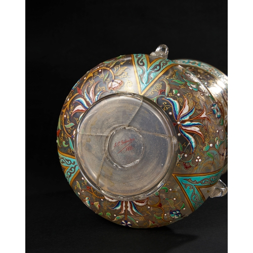 163 - AN ENAMELED GLASS MOSQUE LAMP, SIGNED J. O. IMBERBR 1881 The lamp features intricate hand-painted en... 