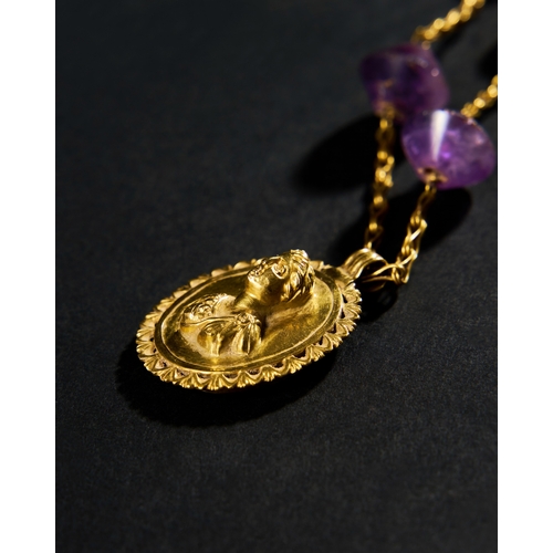 31 - A ROMAN GOLD, AGATE AND AMETHYST NECKLACE WITH A 3D FEMALE PORTRAIT PENDANT, 2ND CENTURY A.D. This e... 