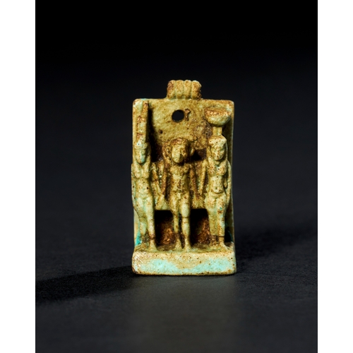 7 - AN EGYPTIAN FAIENCE AMULET DEPICTING THE TRIAD OF GODS, LATE PERIOD TO PTOLEMAIC PERIOD, 664-30 B.C.... 