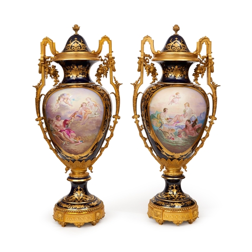 214 - A LARGE PAIR OF FRENCH SEVRES STYLE VASES, 19TH CENTURY A LARGE PAIR OF FRENCH SEVRES STYLE VASES   ... 