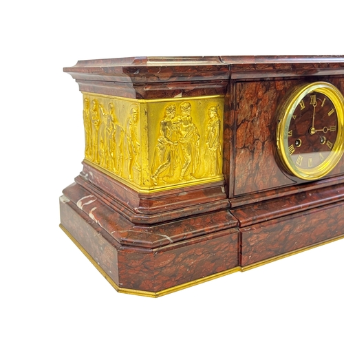 216 - IN THE MANNER OF BARBEDIENNE, RED MARBLE FRENCH MANTEL CLOCK, 19TH CENTURY RED MARBLE FRENCH MANTEL ... 