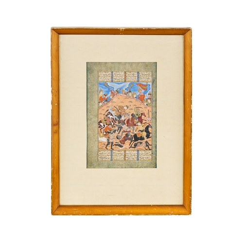 125 - EARLY QAJAR MINIATURE PAINTING, 19TH CENTURY BATTLE SCENE WITH PERSIAN CALLIGRAPHY Early Qajar minia... 