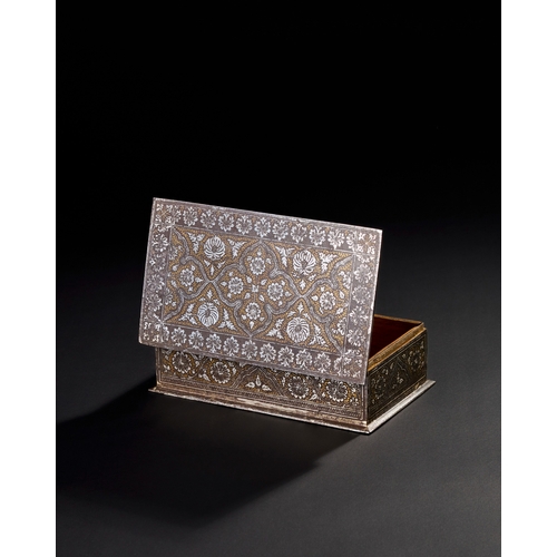 169 - A FINE 19TH CENTURY NORTH INDIAN SIALKOT SILVER AND GOLD OVERLAID STEEL KOFTGARI BOX    A 19th-centu... 