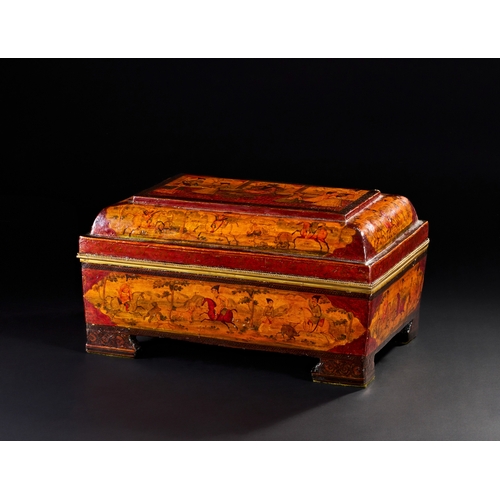 176 - A LARGE 19TH CENTURY QAJAR LACQUERED PAPIER-MACHE CASKET DEPICTING FATHÃ¢â¬â¢ALI SHAH AND HUNTING ... 