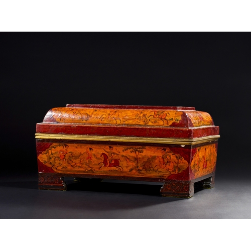 176 - A LARGE 19TH CENTURY QAJAR LACQUERED PAPIER-MACHE CASKET DEPICTING FATHÃ¢â¬â¢ALI SHAH AND HUNTING ... 