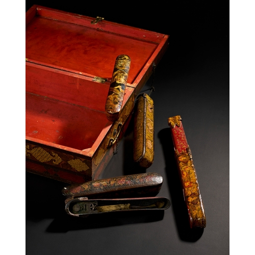 178 - ASSORTED QAJAR LACQUERED PAPIER-MACHE BOX AND PEN CASES ASSORTED QAJAR LACQUERED PAPIER-MACHE BOX AN... 