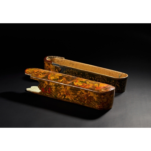 179 - UNUSUALLY LARGE 19TH CENTURY PERSIAN QAJAR LACQUERED PEN BOX (QALAMDAN) DEPICTING PORTRAITS OF ANCIE... 