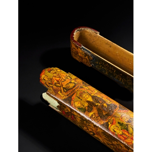 179 - UNUSUALLY LARGE 19TH CENTURY PERSIAN QAJAR LACQUERED PEN BOX (QALAMDAN) DEPICTING PORTRAITS OF ANCIE... 