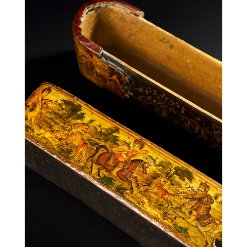 179 - UNUSUALLY LARGE 19TH CENTURY PERSIAN QAJAR LACQUERED PEN BOX (QALAMDAN) DEPICTING PORTRAITS OF ANCIE... 