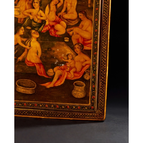 182 - A 19TH CENTURY QAJAR LACQUERED MIRROR CASE SIGNED YA SAHIB AL-ZAMAN AND DATED A 19th century Qajar l... 