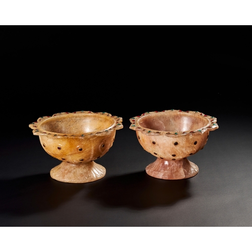 202 - A PAIR OF MUGHAL STYLE MARBLE BOWLS WITH SEMI GEMSTONES A PAIR OF MUGHAL STYLE MARBLE BOWLS WITH SEM... 