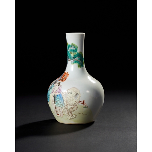 213 - FAMILLE ROSE 'FIGURAL' BOTTLE VASE, QING DYNASTY, 19TH CENTURY The body finely painted with Emperor ... 