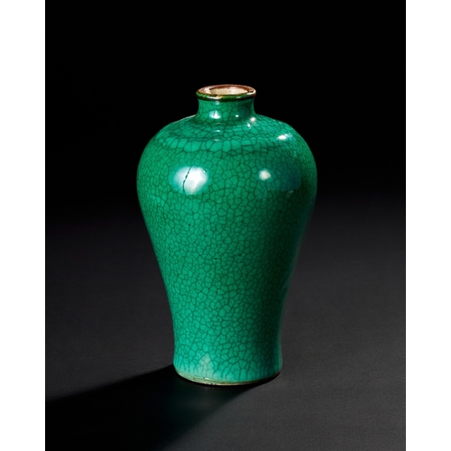 215 - GREEN GLAZED MEIPING VASE QING DYNASTY, 18TH-19TH CENTURY The high-shouldered baluster body rising f... 