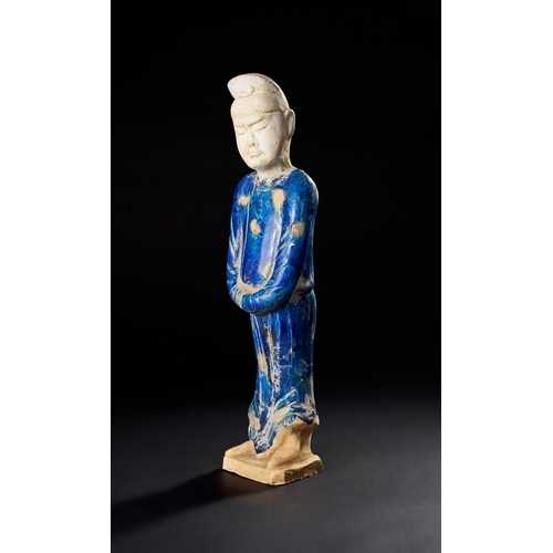 217 - A CHINESE BLUE GLAZED POTTERY FIGURE, HAN DYNASTY A CHINESE BLUE GLAZED POTTERY FIGURE, HAN DYNASTY&... 