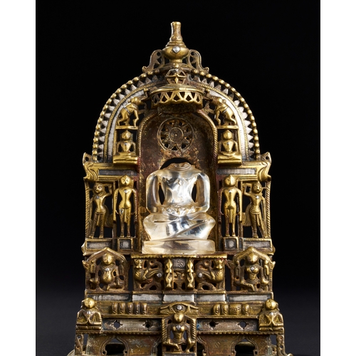 173 - A RARE AND IMPORTANT SOUTH INDIAN SILVER INALID BRASS OR BRONZE JAIN SHRINE WITH ROCK CRYSTAL DEITY,... 