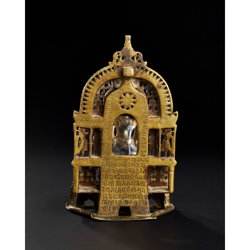 173 - A RARE AND IMPORTANT SOUTH INDIAN SILVER INALID BRASS OR BRONZE JAIN SHRINE WITH ROCK CRYSTAL DEITY,... 