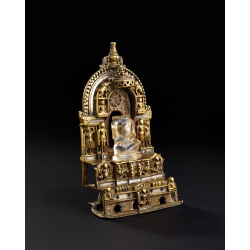 173 - A RARE AND IMPORTANT SOUTH INDIAN SILVER INALID BRASS OR BRONZE JAIN SHRINE WITH ROCK CRYSTAL DEITY,... 