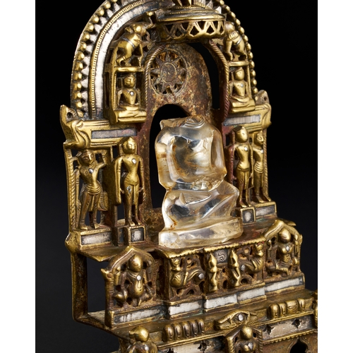 173 - A RARE AND IMPORTANT SOUTH INDIAN SILVER INALID BRASS OR BRONZE JAIN SHRINE WITH ROCK CRYSTAL DEITY,... 