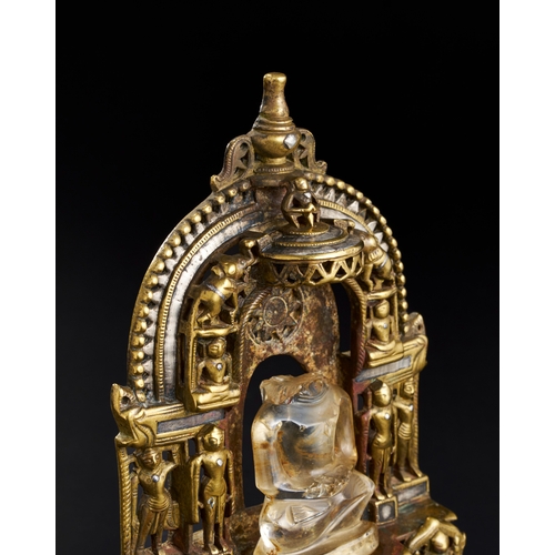 173 - A RARE AND IMPORTANT SOUTH INDIAN SILVER INALID BRASS OR BRONZE JAIN SHRINE WITH ROCK CRYSTAL DEITY,... 